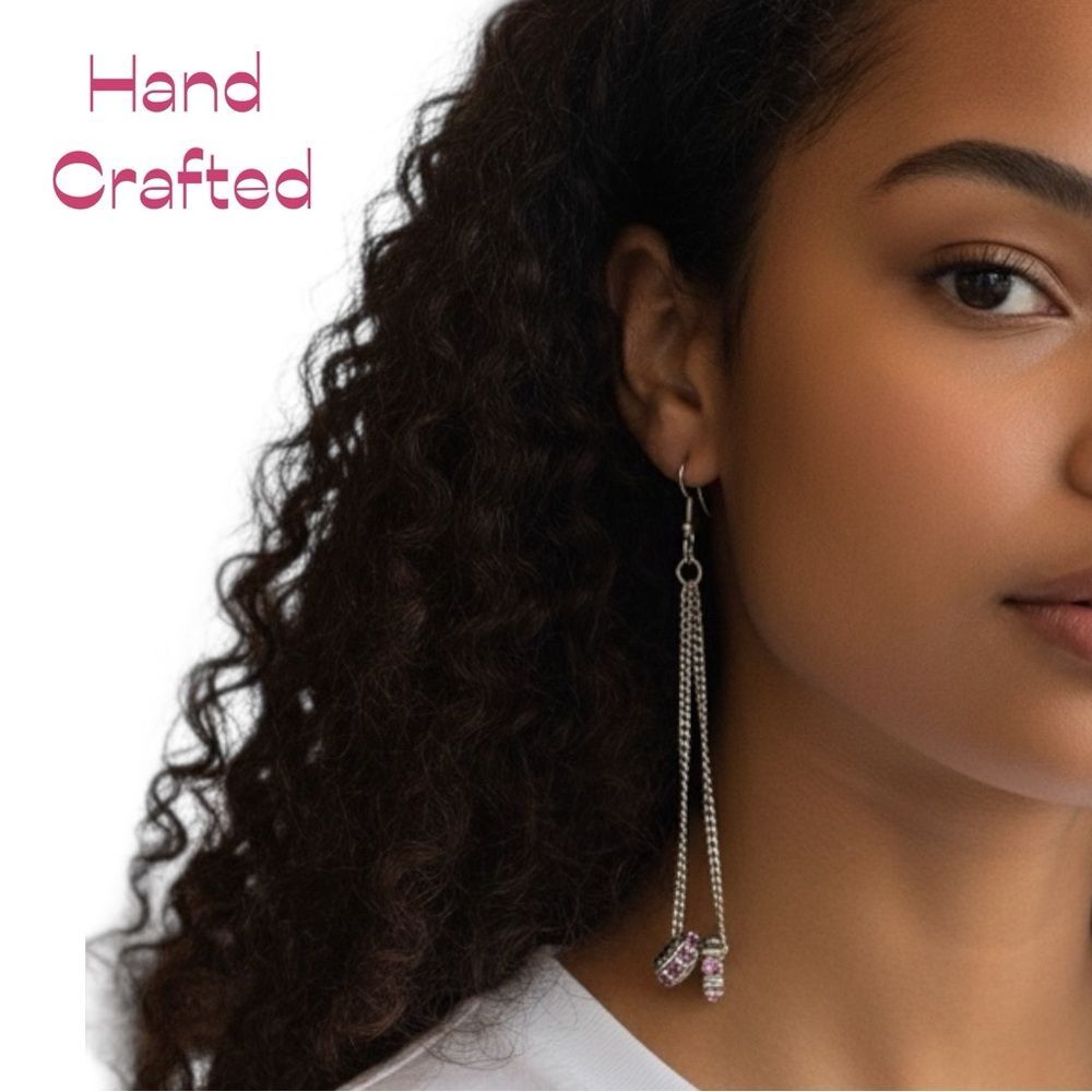 Hand Crafted Pink Crystal Silver Long Dangle Chain Earrings NWT